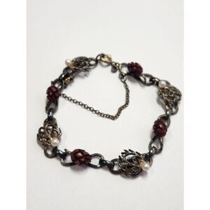 Vintage WELLS Sterling Silver Vermeil Pearl Pinecone Bracelet 6.75"